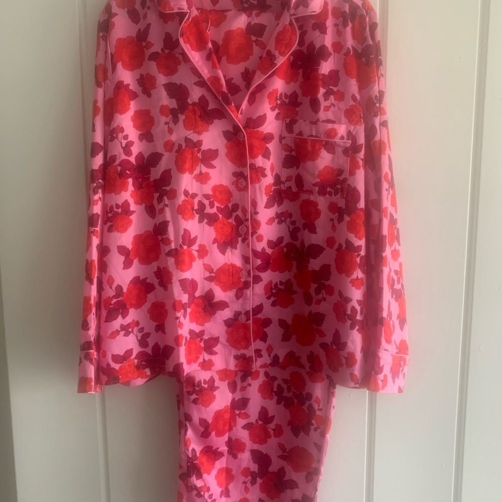 LOFT Pink Satin Pajama Set with Red Floral Print